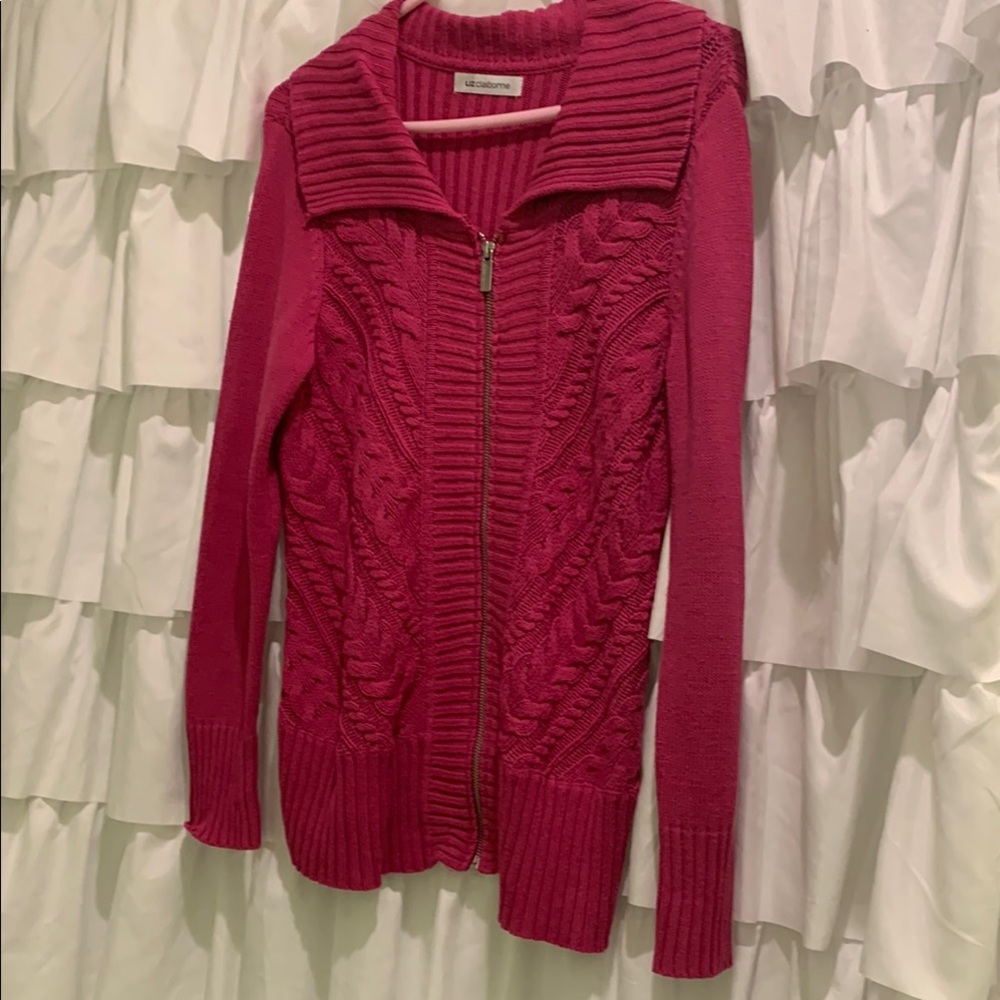 Liz Claiborne Pink Cardigan with Cable Knit and Zipper